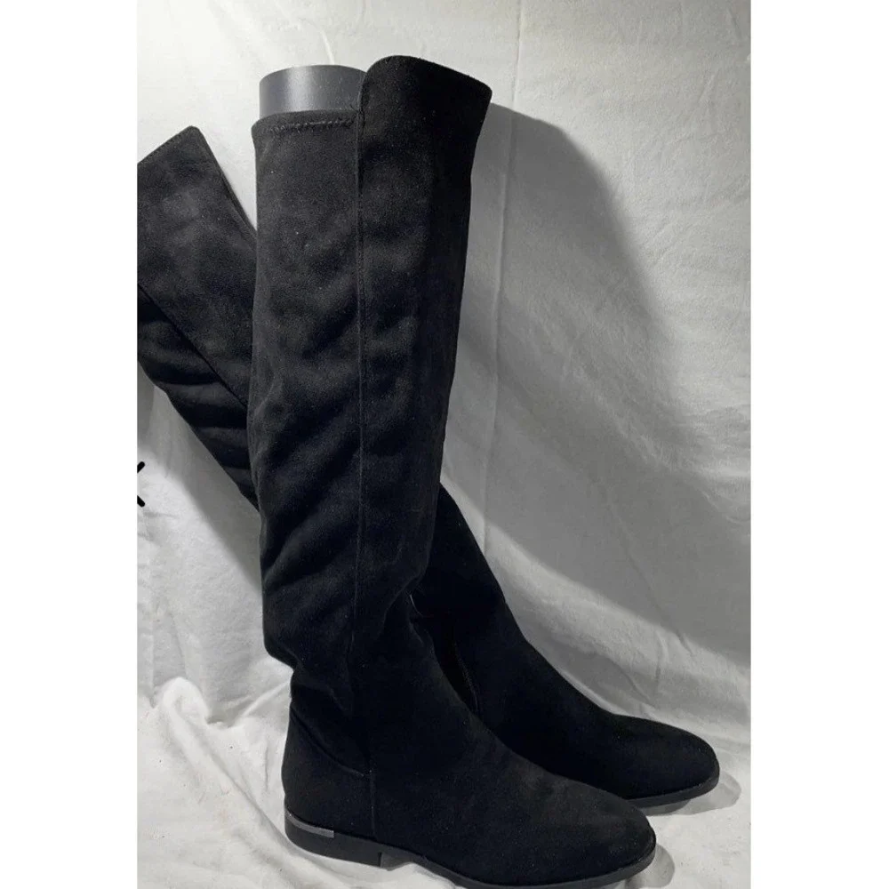 Nine West Wmns Black Faux Suede Over The Knee Tall Boots Silver Heel Accent 7.5